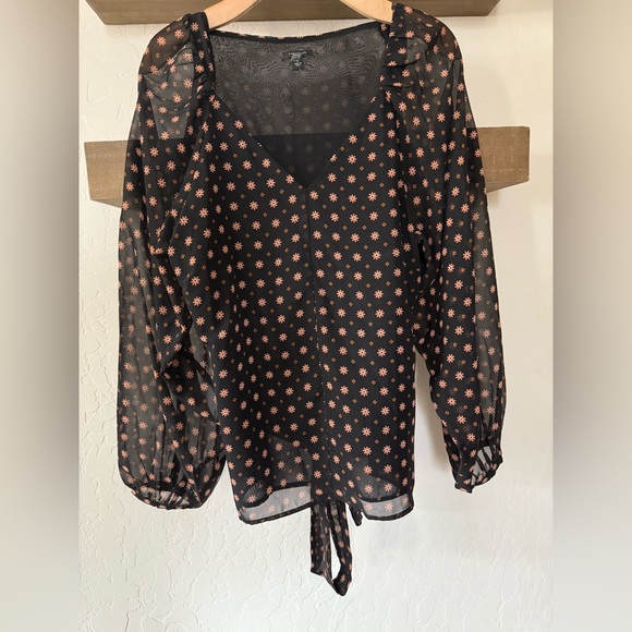 Ann Taylor|Boho floral sheer black long sleeve blouse with tie waist•Oversized - Picture 2 of 13